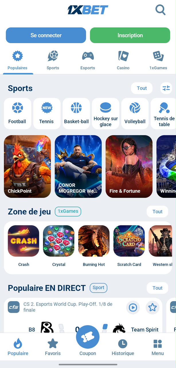 accueil appli 1xbet